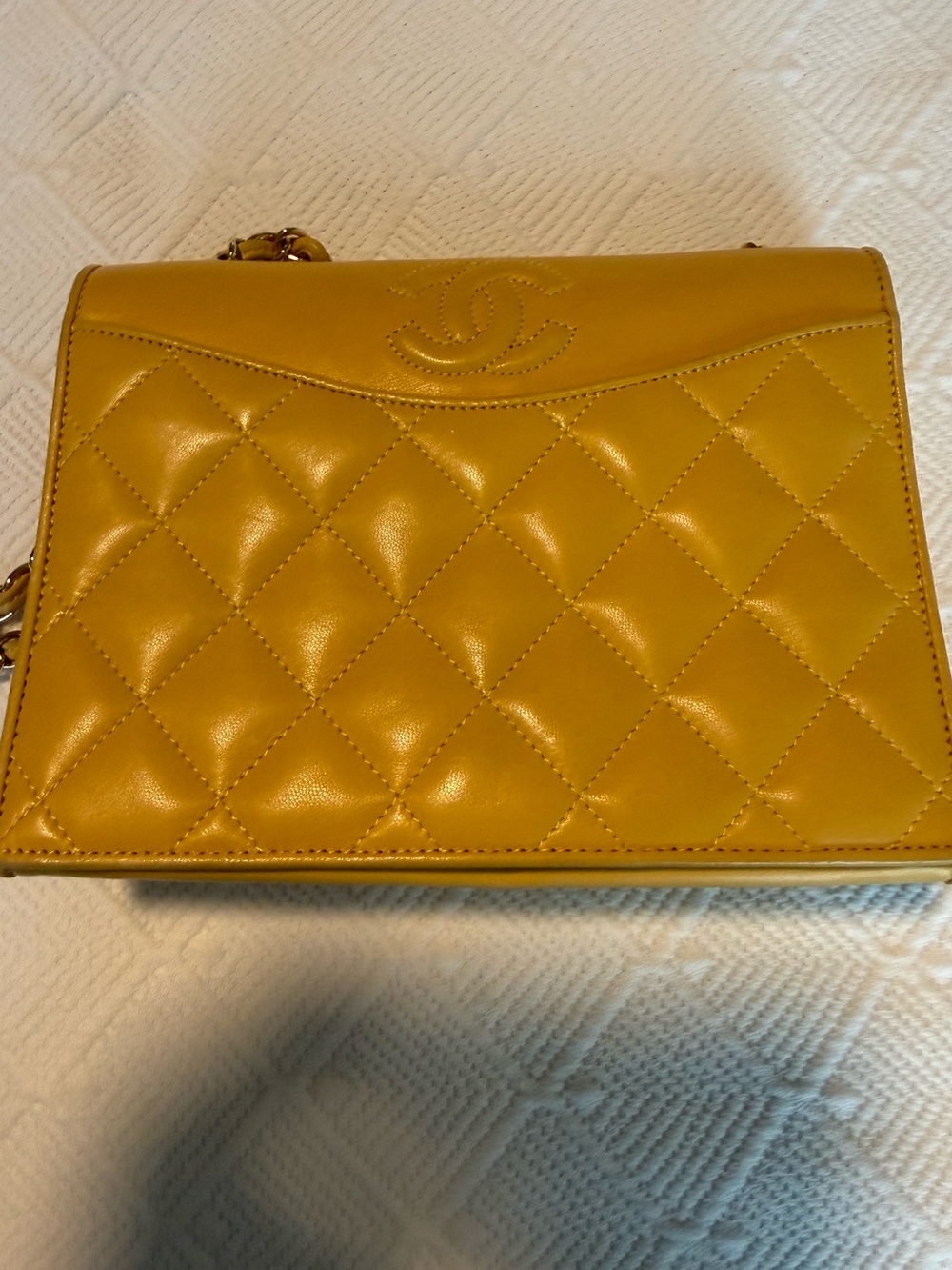Authentic Chanel Quilted Lambskin Shoulder Bag in Mustard Yellow
